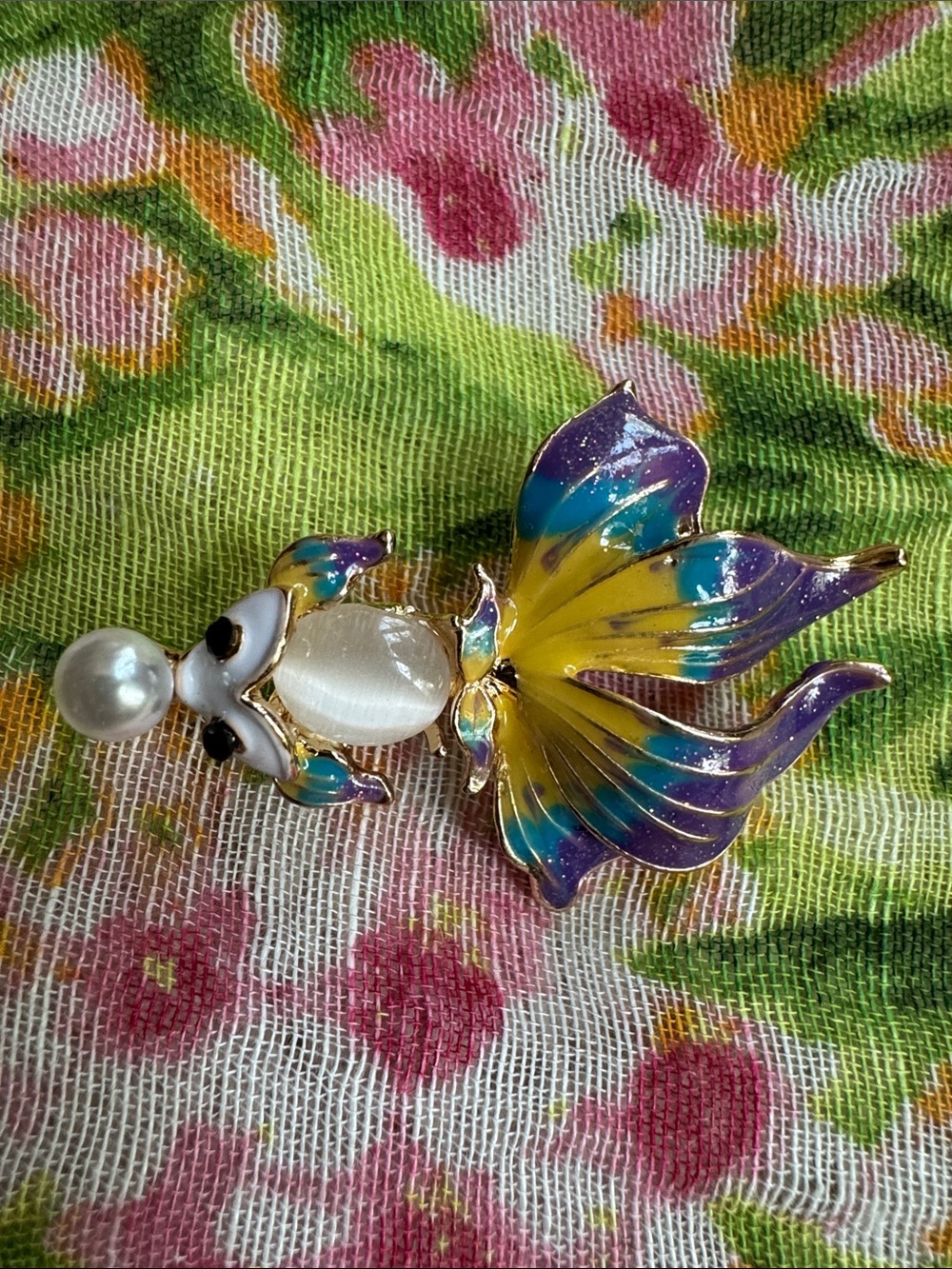 Handcrafted Colorful Enamel Fish Brooch with Pearl Accent